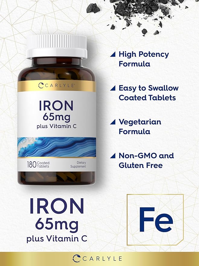Carlyle Iron Supplement 65 mg with Vitamin C | 180 Tablets | 300mg of Vitamin C | Vegetarian, Non-GMO and Gluten Free