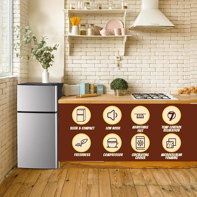 Mini Fridge 2.4 Cu.ft Mini Refrigerator with Freezer Dual Door Dorm Fridge for Personal Senven Temp Gear Suit for Apartment, Bedroom, Rv Silver