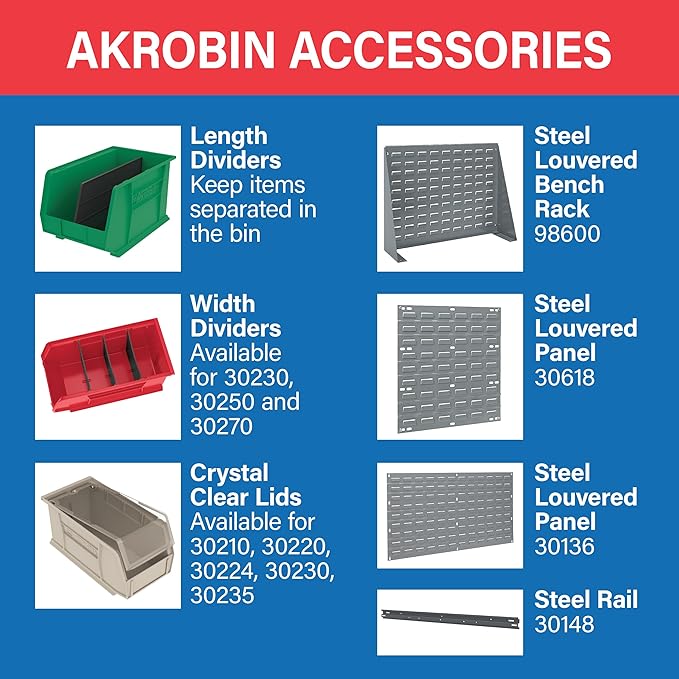 Akro-Mils 30260 AkroBins Plastic Storage Bins, Space-Saving Stackable Bins for Garage, Pantry, Craft Organization, 18" x 11" x 10", Stone, 6-Pack