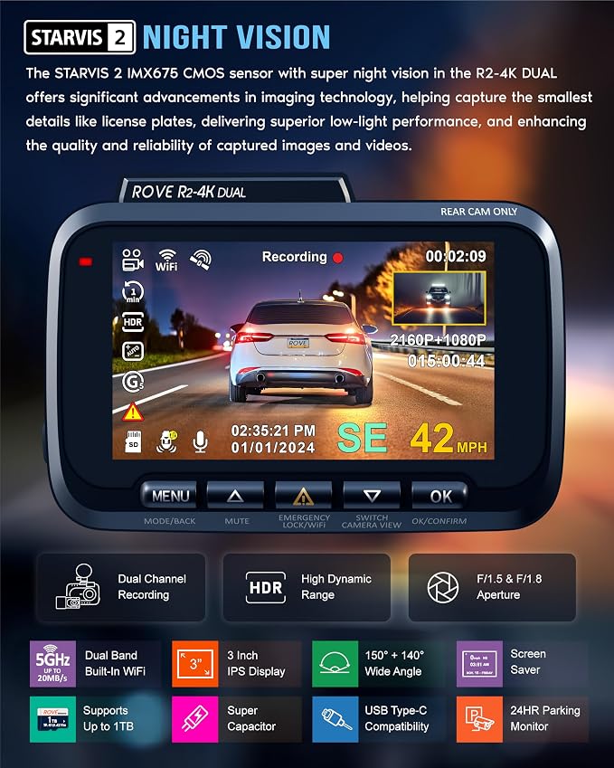 ROVE R2-4K DUAL Dash Cam Front and Rear, STARVIS 2 Sensor, FREE 128GB Card