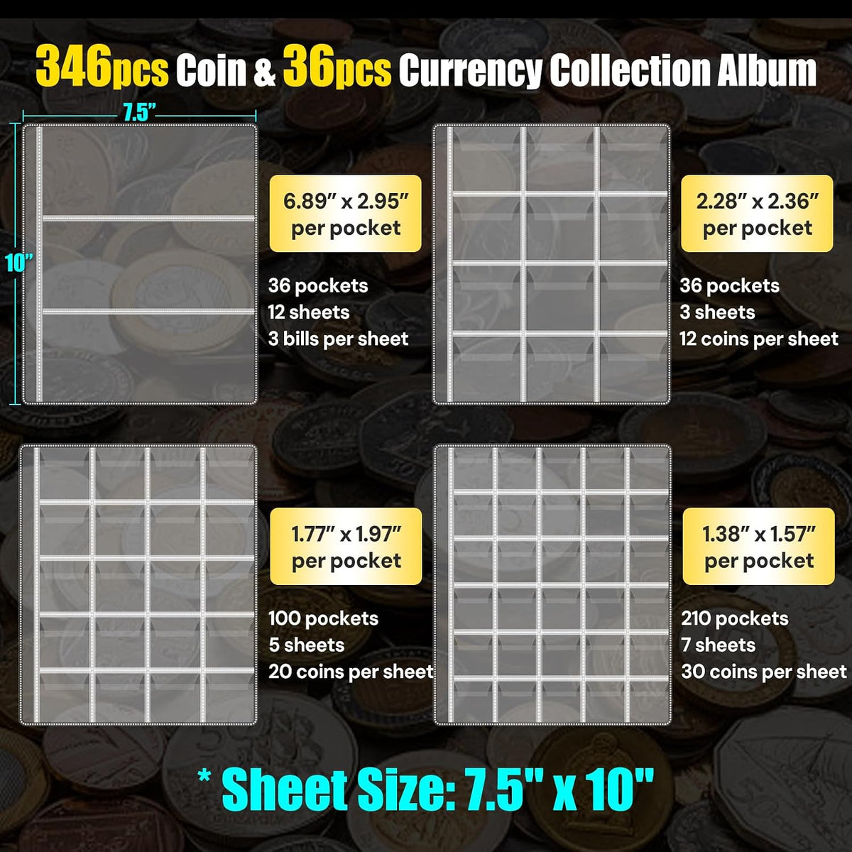 ROLOWAY Coin Collection Book 6400℉ Heat Insulated, 346 Pockets Fireproof Coin Book Holder and 36 Paper Currency Album with Aluminum Foil Layer, Money Saving Coin Collector Book with Lock (Blue)