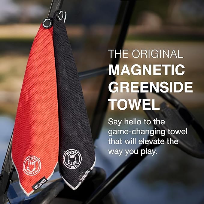 Ghost Golf Magnetic Towel (Greenside) - Premium Ultra-Absorbent Microfiber Golf Towel with Magnet for Golf Carts or Clubs - 18" x 18" Golfing Gear - Waffle Weave Pattern (Red)