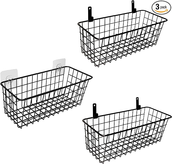 Joben Oligey 3 Set Hanging Wire Baskets ,Wall Mount Fruit Basket,No Drilling,Adhesive Small Metal Basket,Farmhouse Food Storage Mesh Bin Kitchen Pantry Laundry Bathroom Closet Garage RV ,Black