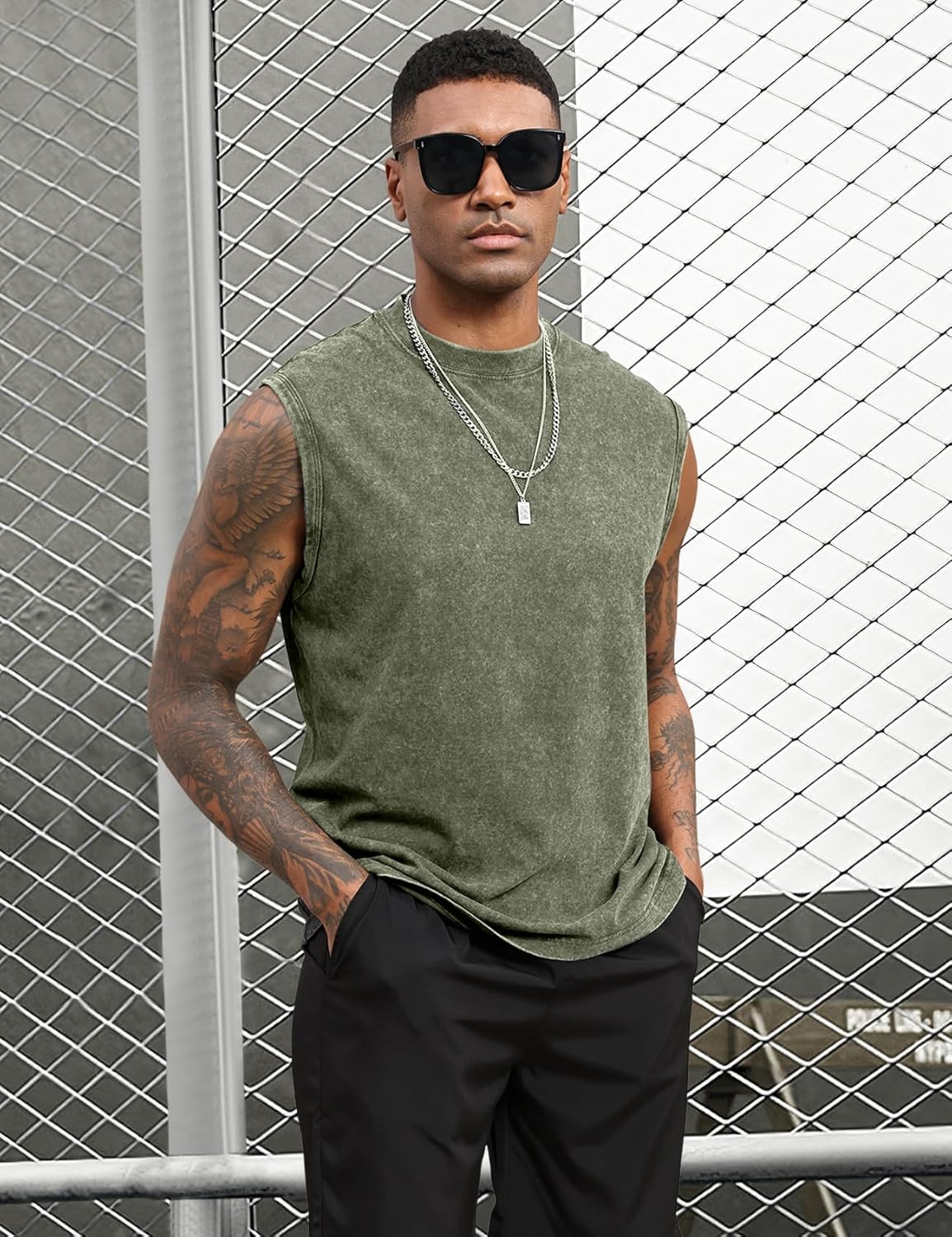 Yimoon Men's Workout Tank Tops - Sleeveless Cotton Acid Wash Gym Shirts | Loose Fit Muscle Tees