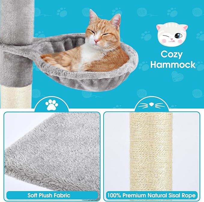 Cat Tree 5-Tier Floor to Ceiling, 89-109 Inch Adjustable Height Cat Tower with Cozy Hammock, Cat Climbing Tree for Indoor Cats, Gery