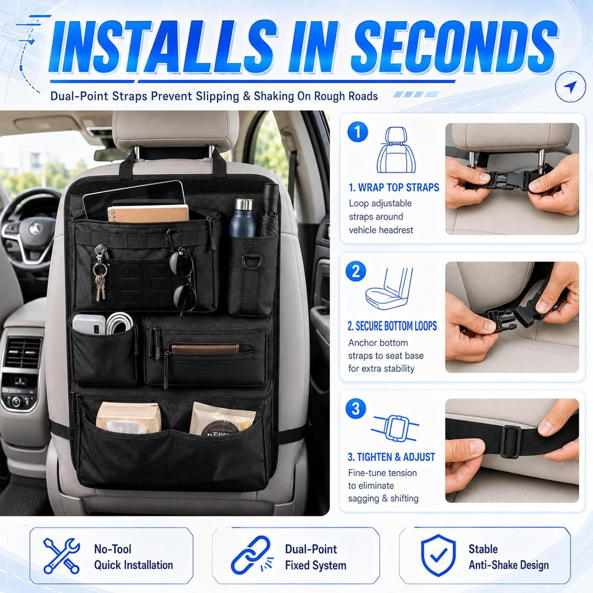 Tactical MOLLE Car Seat Back Organizer, Universal Vehicle Backseat Storage Organizer with Detachable Pouches, Multi Pockets Car Travel Essentials Accessories, Fit Car Truck SUV Jeep