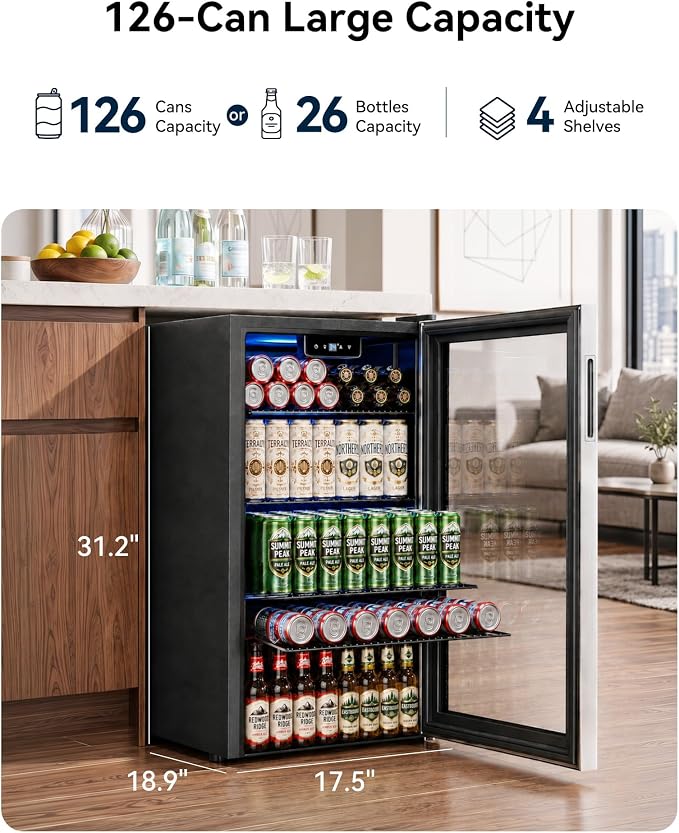 Feelfunn Beverage Refrigerator Cooler - 126 Can Mini Fridge Glass Door for Drinks Soda Beer Wine - Small Refrigerator for Office Bedroom Home Bar, 4 Adjustable Shelves, 3.2 Cu.Ft, Silver
