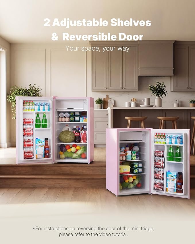 Upstreman 3.2 Cu.Ft Mini Fridge with Freezer, Pink-BR321 | Adjustable Thermostat, Energy Saving, Low Noise, Reversible Door, Small Refrigerator for Dorm, Bedroom, Office