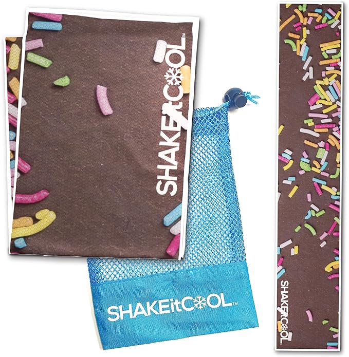 SHAKEitCOOL Original Cooling Towel – Be Cool in Style - Heat Relief, Soft, Lightweight, Sun Protection, Easy Clean - Perfect for Biking, Running, Yoga, Gym, Gardening - Donut Sprinkle