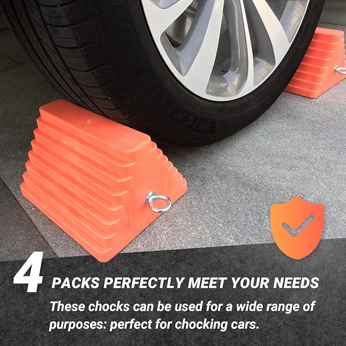 HOXWELL Premium 4 pcs Heavy Duty Wheel Tire Chocks, Vehicle Chocks with Eyebolt for Travel Trailers, Camper, Truck, Car and ATV 4 Pack, Orange