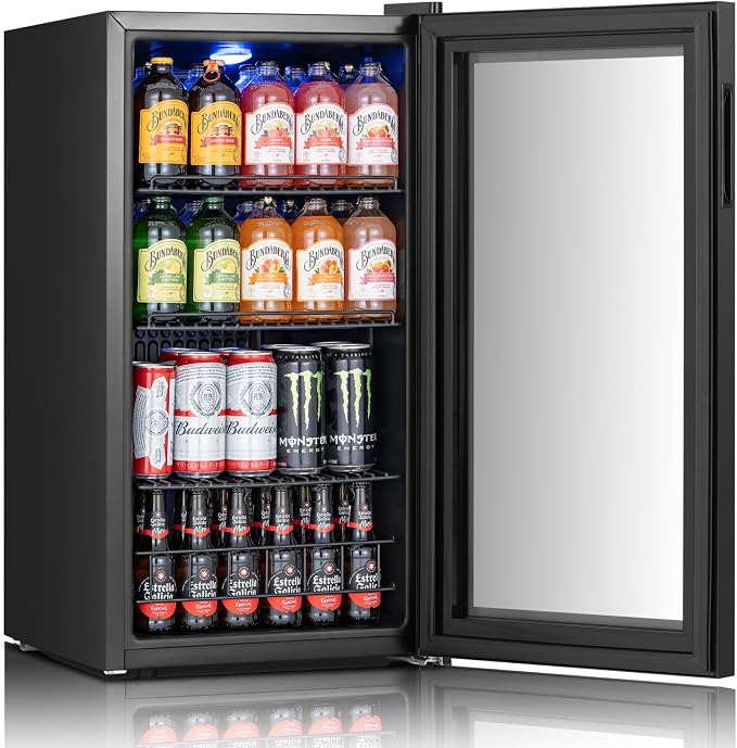 Yeego Beverage Refrigerator Drink Cooler, 105 Cans Mini Fridge Glass Door | Soda Wine Beer Small Cooler, 34°F To 54°F Digital Temperature Control, for Home Office Bar, Adjustable Shelves, Black