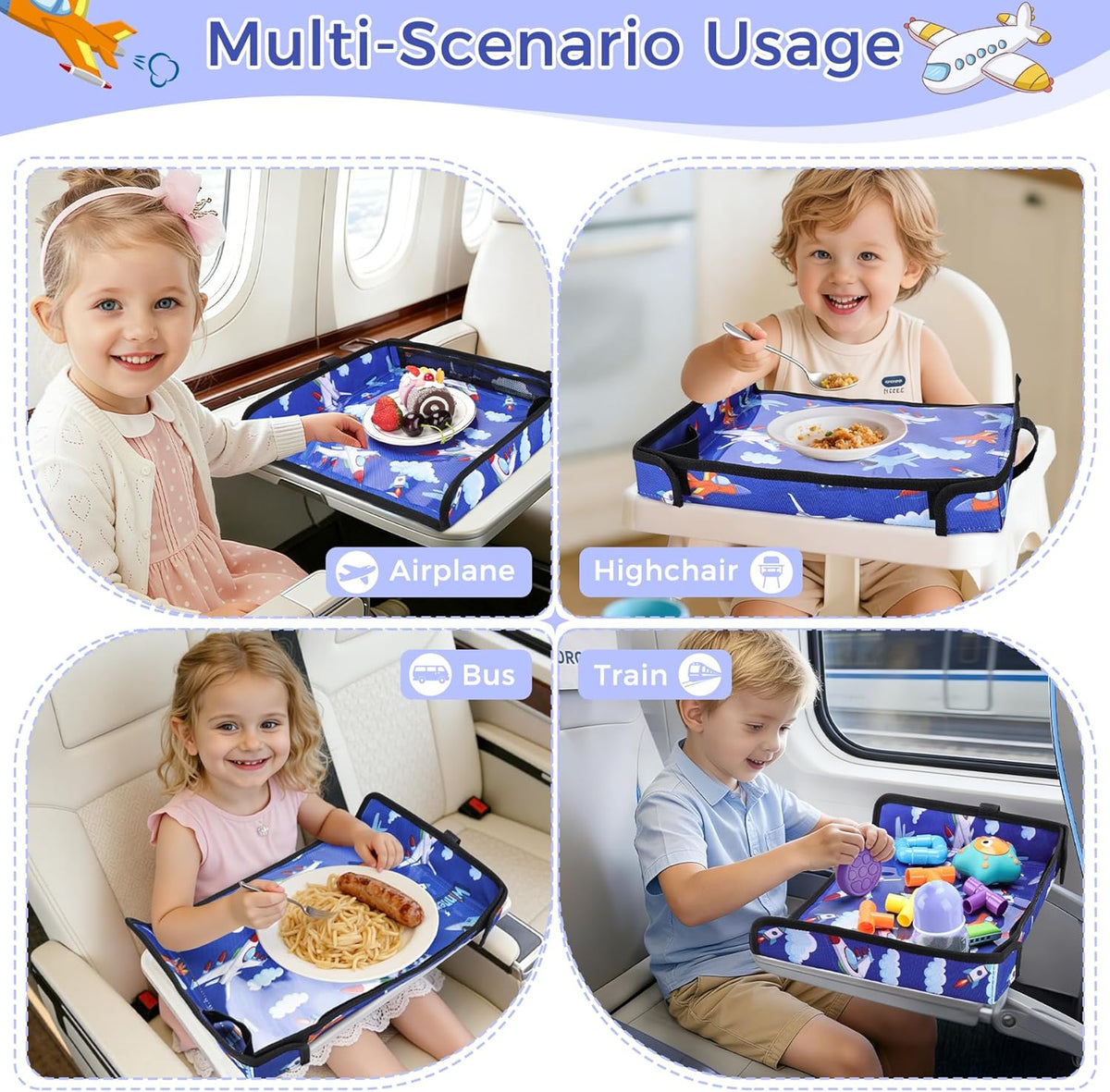COOLBEBE Airplane Tray Table Cover, Foldable Travel Tray Cover for Toddlers 1-3, Universal Fit for Airplane, Car Seat, High Chair, Machine Washable, Portable, Blue Plane