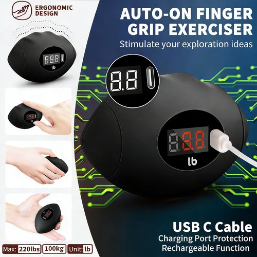 DIOTUSS Hand Grip Strengthener, Rechargeable Digital Grip Strength Trainer with LCD Display Up to 220lbs/100kg, Silicone Hand Exercise Ball for Forearm Finger Training & Stress Relief, for Adults and Kids