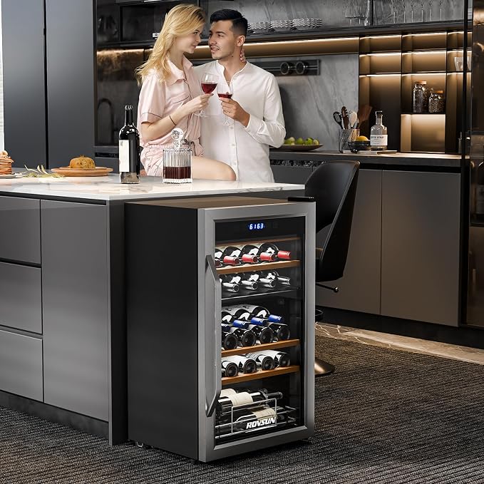 ROVSUN 33 Bottle Wine Fridge, Dual Zone Wine and Beverage Refrigerator with Independent Temp Control & LED Control Panel, Freestanding Wine Cooler Chiller for Red White Wine, Champagne, Beer