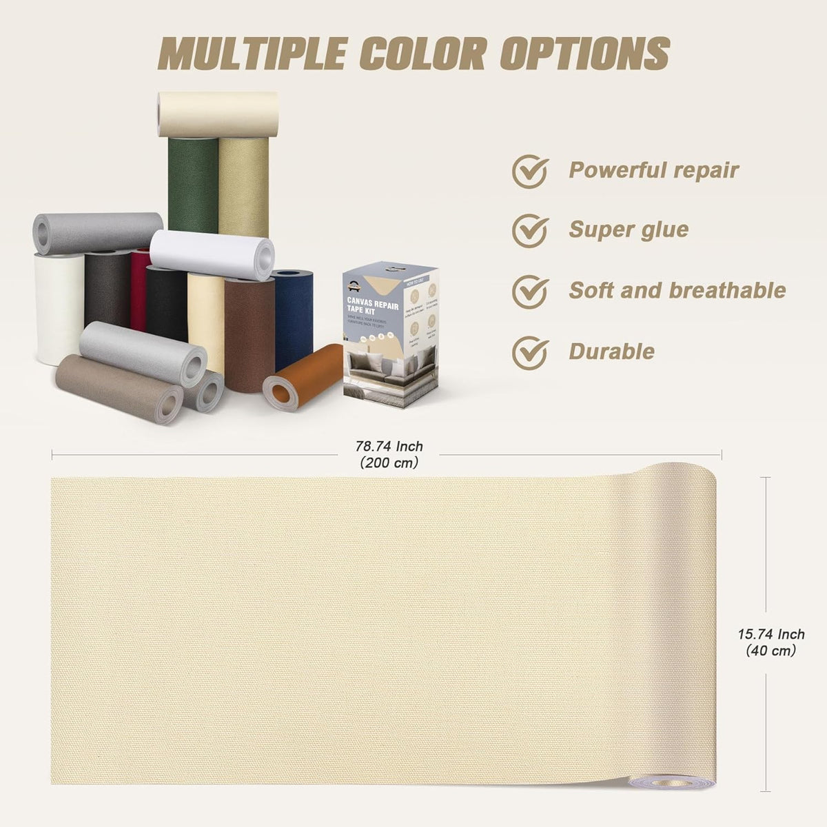 OAZ Canvas Repair Patches - Self-Adhesive Waterproof Fabric Patch Kit for Outdoor Gear | 16 x 79 Inch (Ivory White)
