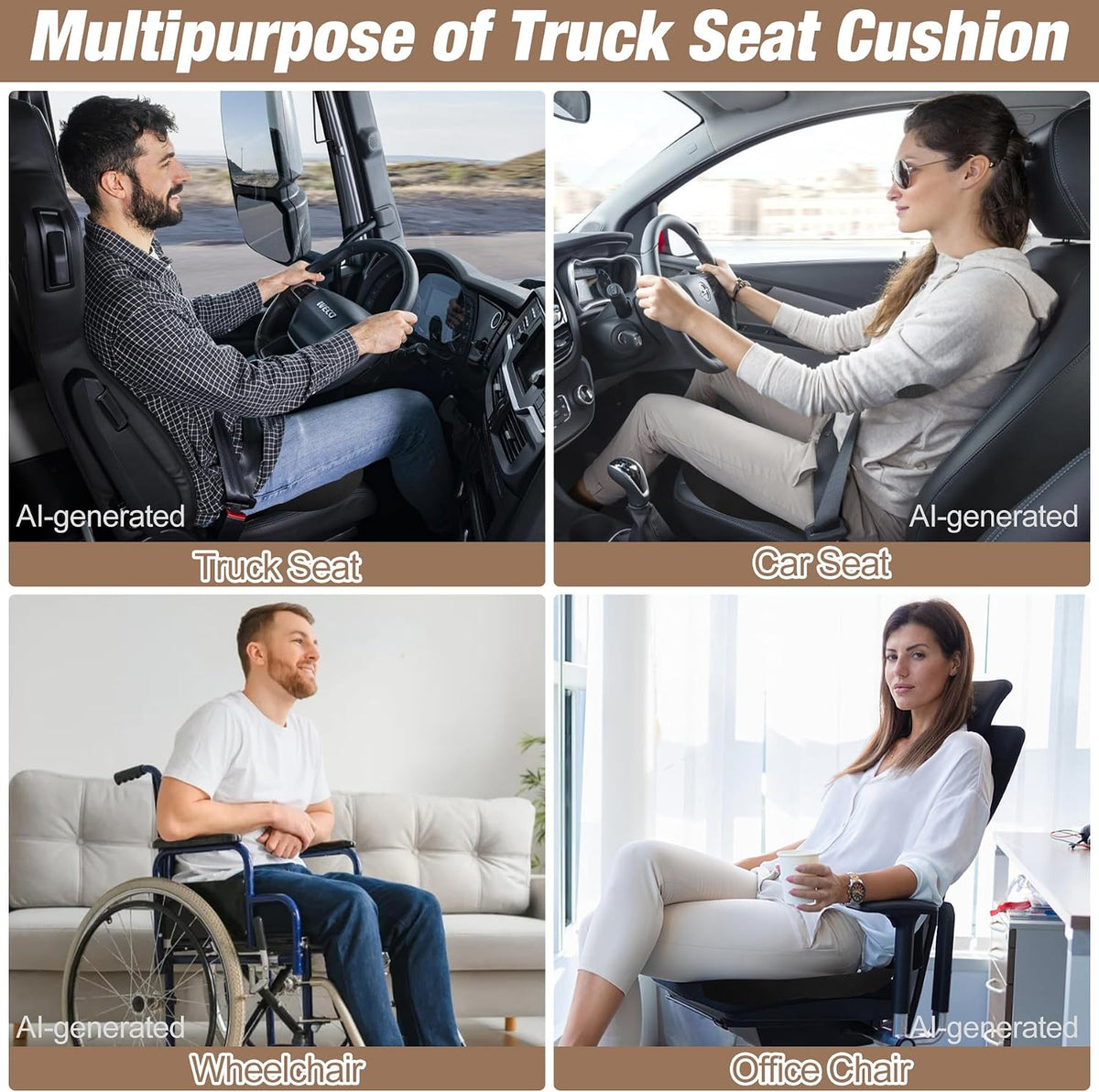 MYFAMIREA Truck Seat Cushion, Memory Foam Trucker Seat Cushion for Truck Driver Long Sitting with Adjustable Strap, Back Support and Pain Relief for Trucker Driving Office Chair and Pain, Black