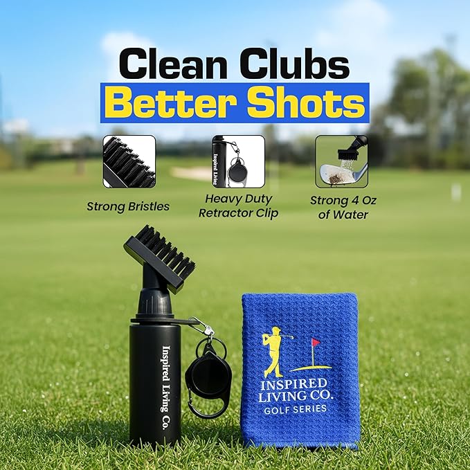 Inspired Living Co. Golf Club Cleaner Kit – Premium Golf Club Brush with Groove Cleaner & Microfiber Golf Towel – Golf Club Cleaning Kit for Men – Essential Golf Brush Tool & Golf Gift for Golfers