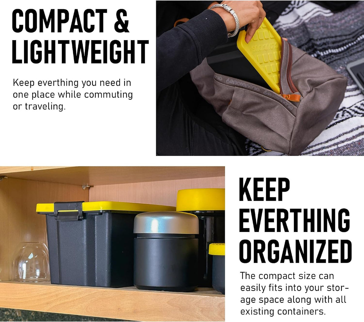 Stash9 Mini Tabletop Tote Storage Container Bins Carbon Filter Smell Proof Pack, Airtight silicone Seal and Two-Way Humidity Pack Slots Stackable Plastic Black Base Containers Stash Box Bin