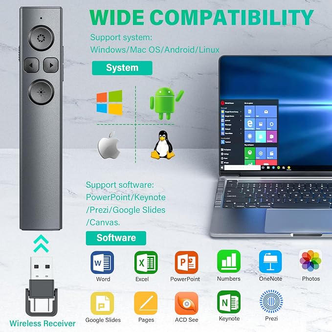 2 in 1 USB Type C Presentation Clicker, Rechargeable Presentation Clicker