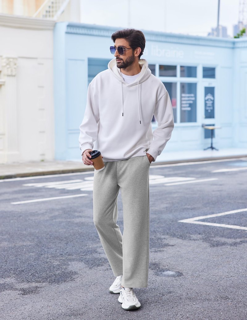 PINSPARK Men's Sweatpants with Pockets Open Bottom Jogger Sweatpants Uncuffed Lightweight Straight Leg Sweat Pants for Men Grey