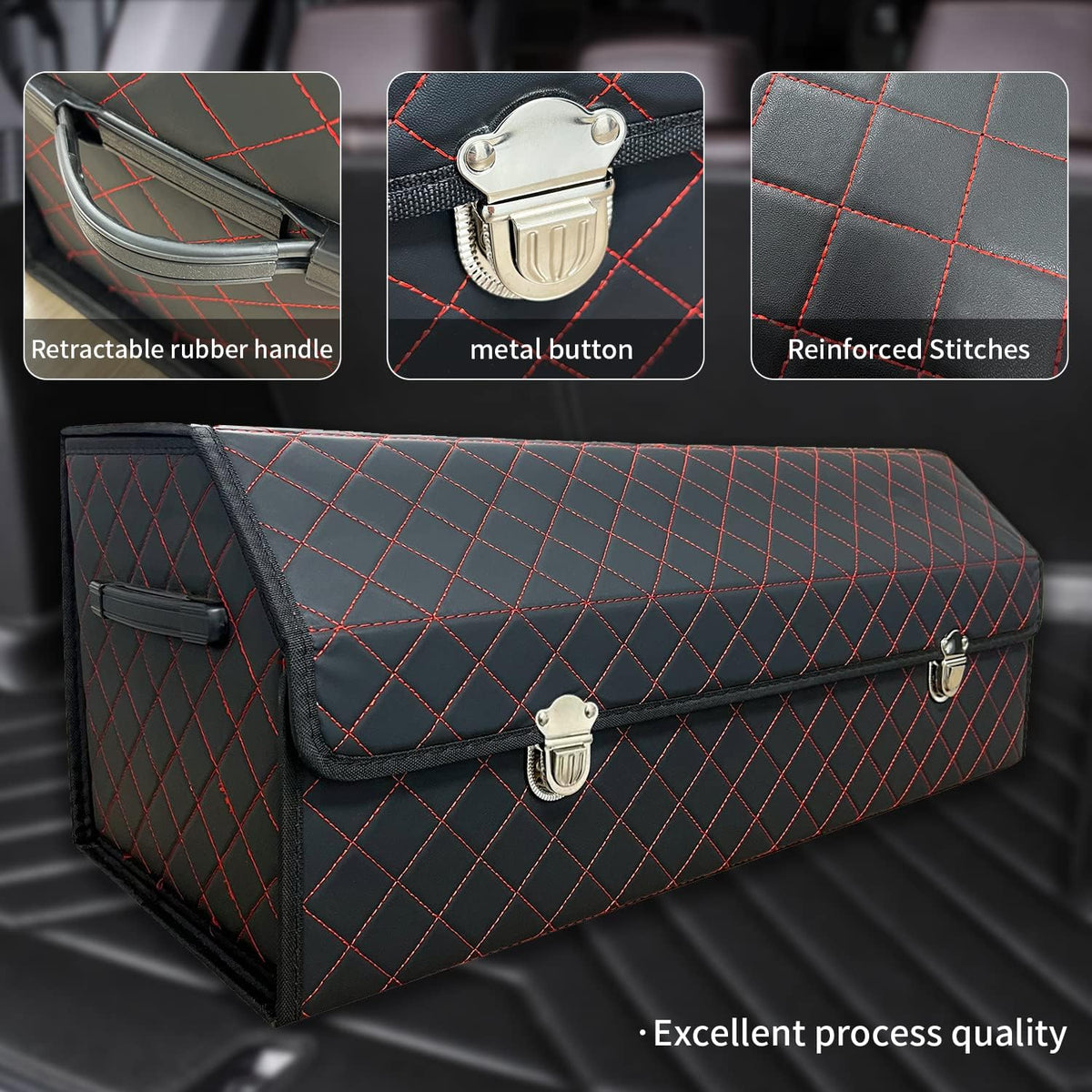 Car Trunk Organizer with Lid,Foldable Faux Leather Cargo Storage Box,3 Compartments,Collapsible Multi-Functional for SUV,Sedan,Vehicle Trunk
