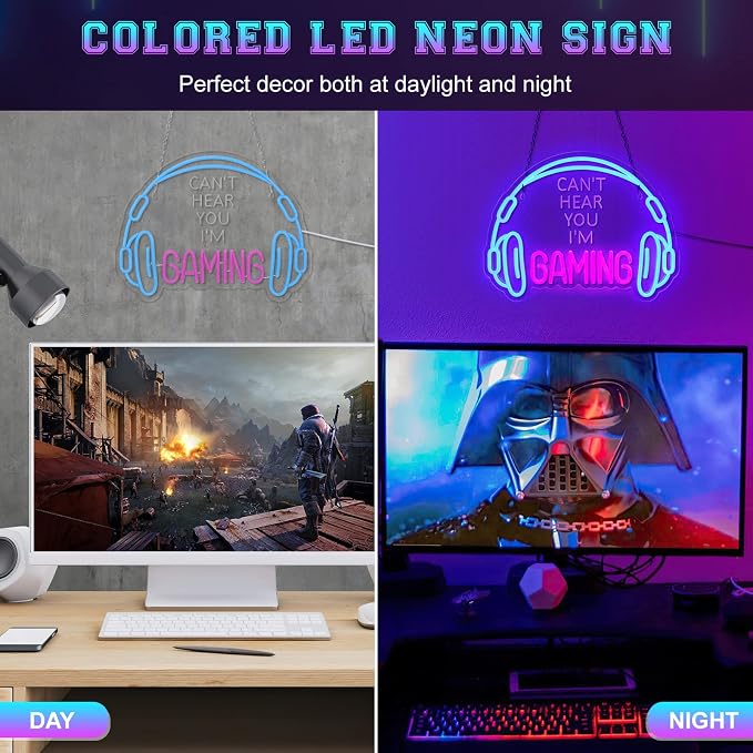 Gaming Neon Sign, Large Bright and Dimmable Colored LED Headset Gamer Neon