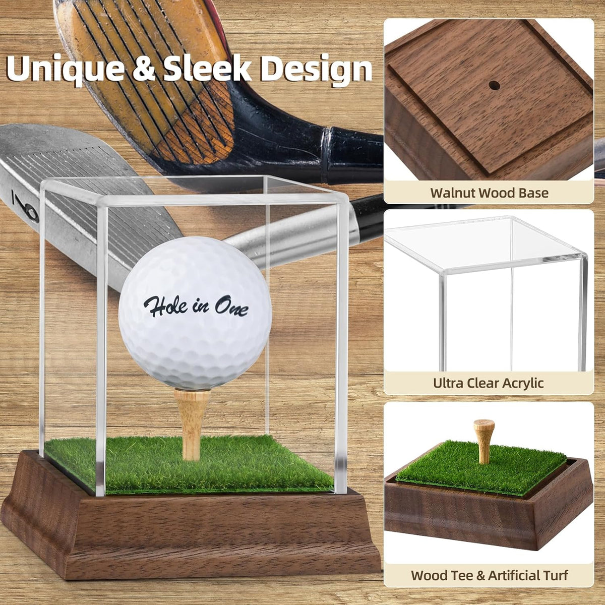 Wanult Golf Ball Display Case - Premium Acrylic Holder with Wood Base & Lifelike Turf | Perfect for Memorabilia