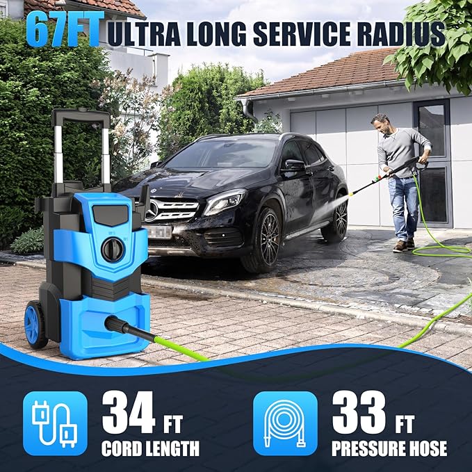 Adjustable Electric Pressure Washer 5000PSI with 33FT Flexible Extension Hose + 34FT Power Cord, 4 Nozzles, Foam Cannon, Best Power Washer for Cars, Patios, Driveways, Blue