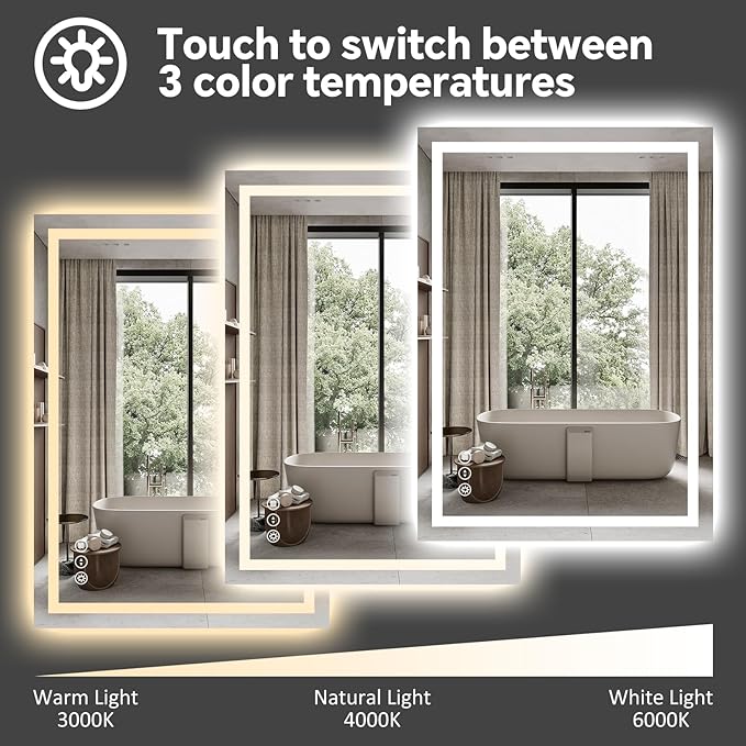 LED Bathroom Mirror 20x28 Inch Anti-Fog Bathroom Mirror with Lights, Wall Mounted Lighted Vanity Mirrors, Dimmable, Backlit + Front Lit, Smart Bathroom Vanity Mirror with 3 Colors Temperature
