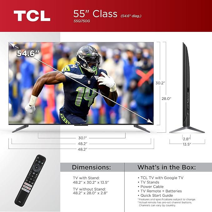 TCL 55-Inch Q7 QLED 4K Smart Google TV (55Q750G) 2023 Model with Dolby Vision & Atmos, HDR Ultra, 120Hz, Game Accelerator up to 240Hz, Voice Remote