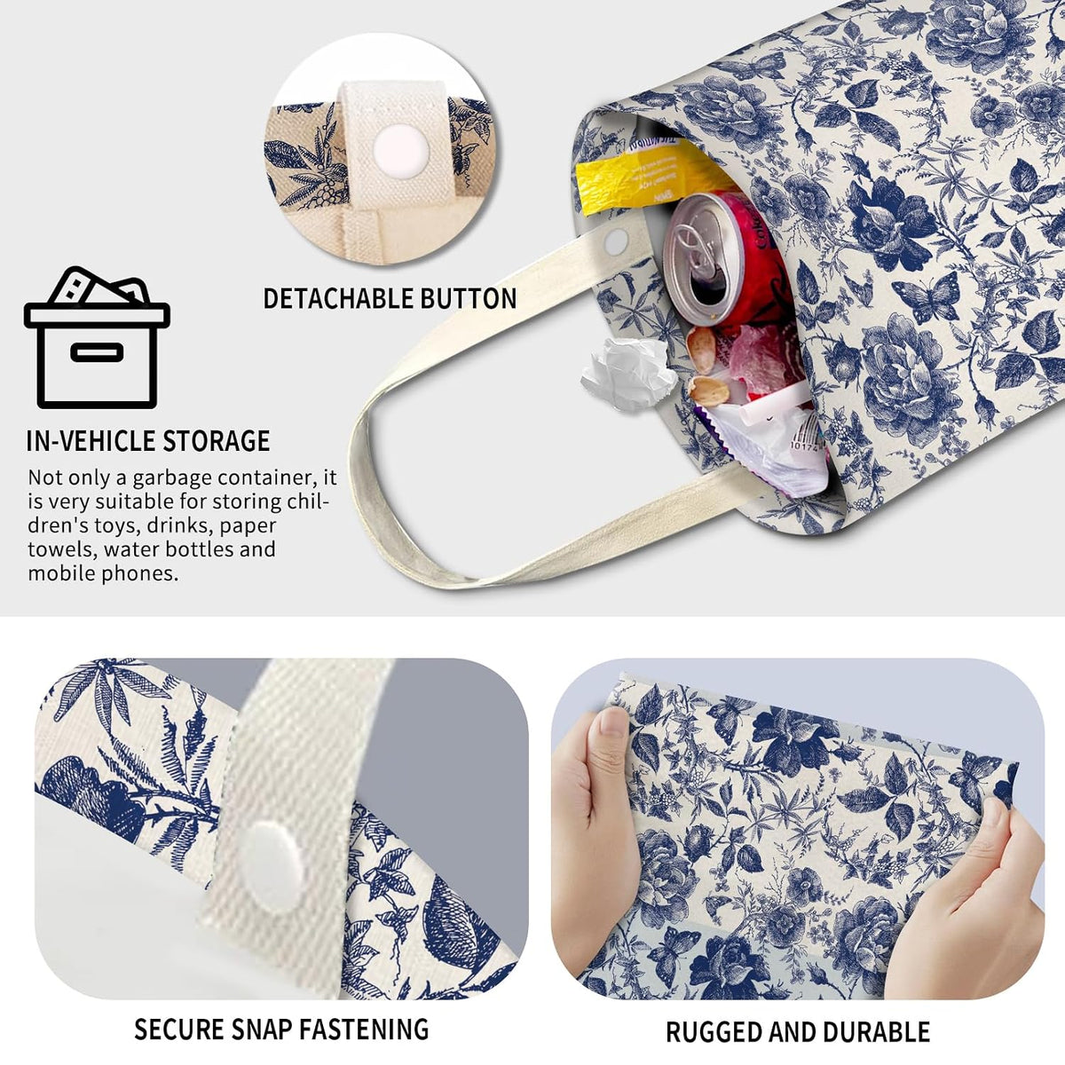 Cute Car Trash Can, Hanging Canvas Car Back Seat Organizer and Storage Bag, Funny Car Trash Bag For Travelling, Outdoor Blue Ceramic Floral