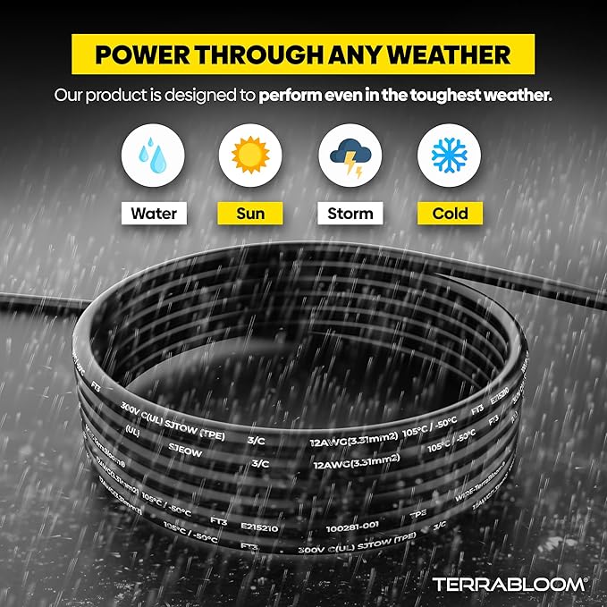 TerraBloom 12/3 Heavy Duty Extension Cord 100 FT Outdoor - Black Outdoor Extension Cord Multiple Outlet - Ultra-Flexible SJEOW Rubber, Light Indicator, Triple Outlet for Maximum Efficiency - 15 Amp