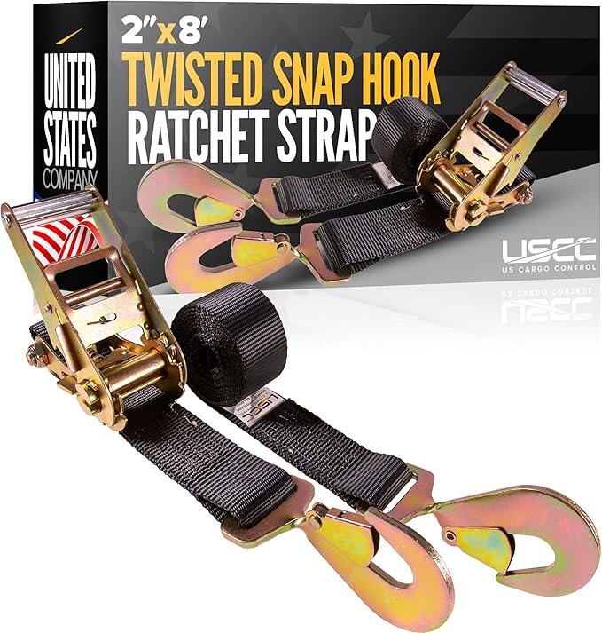 US Cargo Control Twisted Snap Hook Ratchet Strap 2 Inch x 8 Foot, 10,000 LBS Break Strength, Car Tie Down Straps for Trailers, Tie Down Cars, Motorcycles, Race Cars - Low-Profile Ratchet