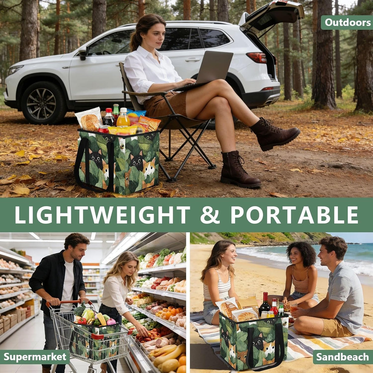 Trunk Organizer Collapsible Car Organizer with Handle Car Storage Box Bin for Groceries SUV Utility Tote Bag Portable Vehicle Container Cats and Dense Leaves