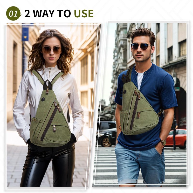 SUIKIHUM Vintage Canvas Sling Bag with Genuine Leather Zipper, 3 in 1 Crossbody, Backpack, and Chest Bag, for Travel, Hiking, 16x10x6 Inches, Green