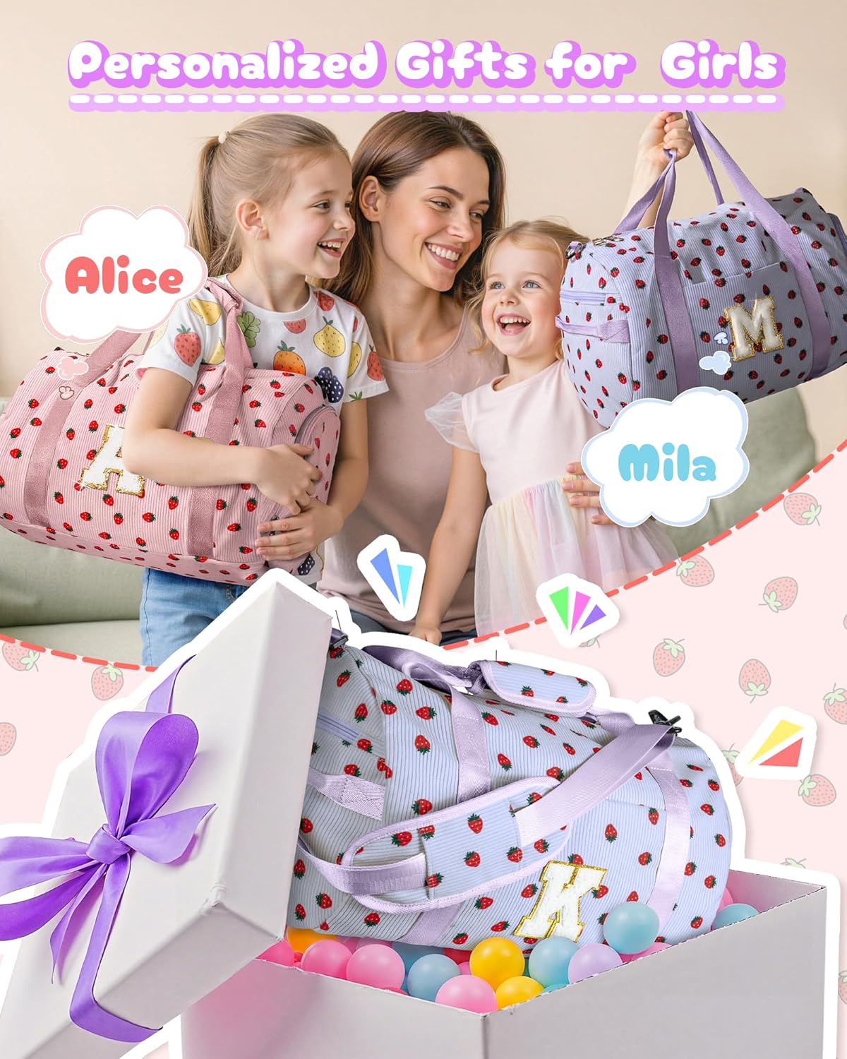 Skiennix Girls Gym Bag - Personalized Overnight Duffle with Shoe Compartment & Makeup Bag | Ideal Dance Recital Gift (Letter W)