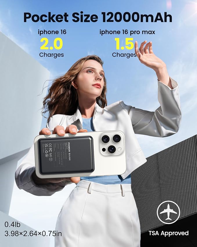 for Magsafe Battery Pack, 12000mAh Magnetic Portable Charger Power Bank PD 22.5W Fast Charging, USB C in & Out Wireless Battery Pack Phone Charger for iPhone 16/15/14/13/12 All Series