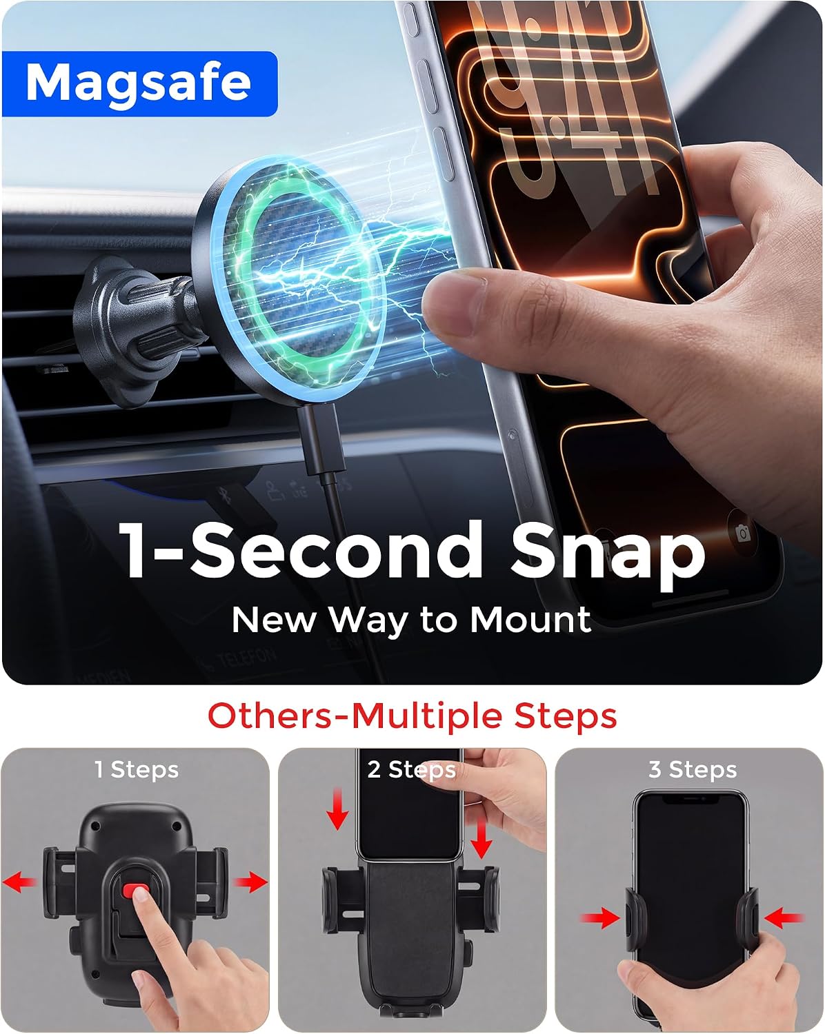Estbuc 2-in-1 15W Magsafe Car Mount Charger, Magnetic Wireless Car Charger