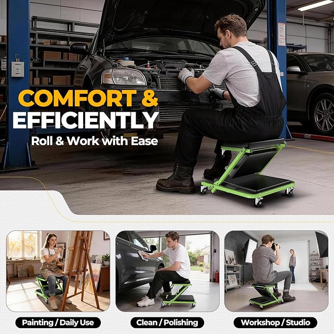 Auto Dynasty 36" Z-Creeper Seat, 2-in-1 Foldable Garage Creeper Shop Seat, 330 LBS Capacity Automotive Mechanic Repair Under Car Rolling Creeper Seat, Green