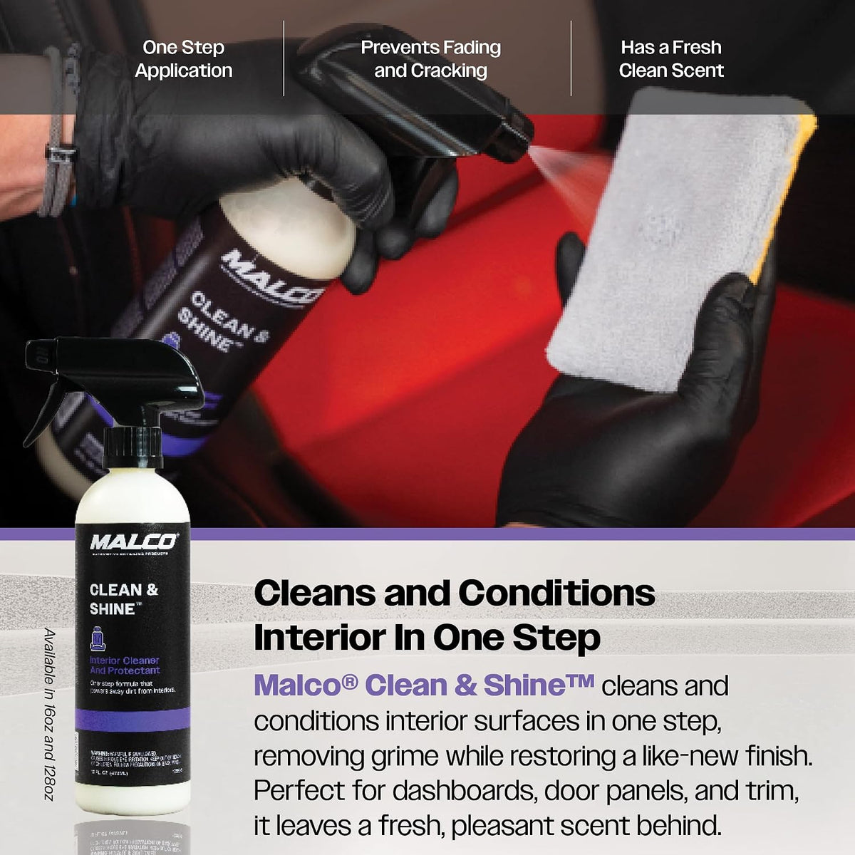 Malco Clean and Shine Interior Car Cleaner and Dressing - Best Interior Car Care to Restore Leather Plastic and Vinyl / 1 Simple Step To Clean, Condition, and Protect/Non-Glare Satin Finish (125901)
