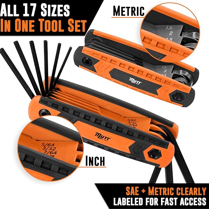 Mutt Tools 17pc Folding Allen Key Set - SAE & Metric Hex Wrench Set with Color-Coding - Compact Allen Wrench Tool for Bikes, DIY, Archery - Keys with Size Markings
