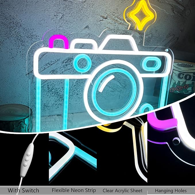 Camera Neon Sign Dimmable LED Light Up Wall Decor Multi-Color Retro Photography
