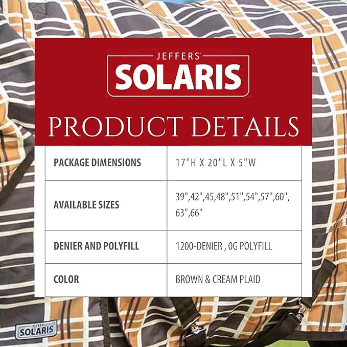 Jeffers Pony Poppins Solaris 1200 Denier Turnout Blanket Brown & Cream Plaid 51" - Waterproof, Breathable Horse Blanket with 0 gram Polyfill, No Insulation, Ideal Protection for Wind & Rain,