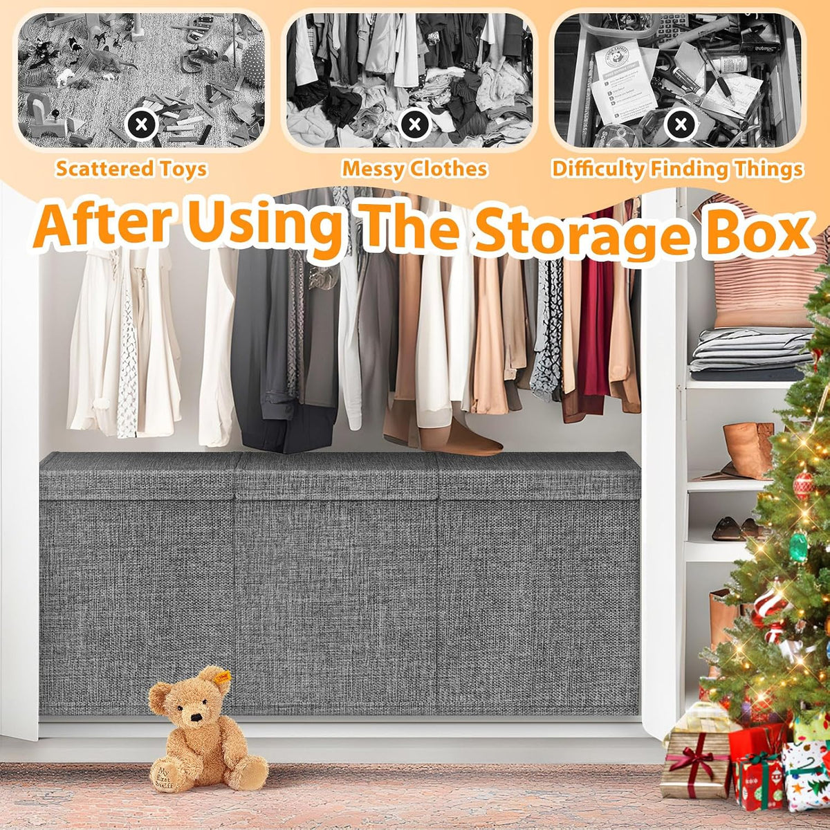 Extra Large Toy Storage Box with Lid Divider, Sturdy Collapsible Toys Organizer Chest Kids Storage Bins Boxes Baskets for Boys, Girls, Nursery, Bedroom, Living Room, Playroom, 40"x14"x16", Gray