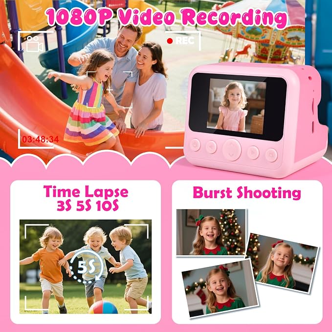 Kids Instant Print Camera with Carrying Bag, 1080P HD Girl Camera with 4 Print