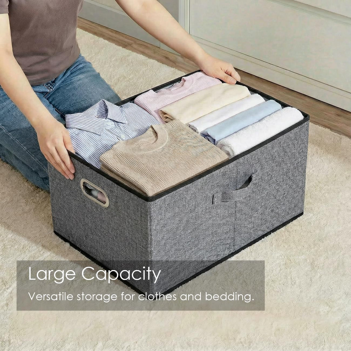 PRANDOM Storage Bins with Lids [3-Pack] Linen Fabric Foldable Storage Boxes Organizer Containers Baskets Cube with Cover for Bedroom Closet Office Grey(23.4X15.9X11.4)