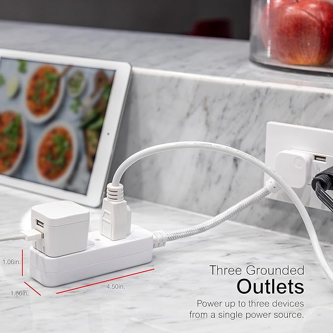 GE 3-Outlet Power Strip 5 Inch Braided Extension Cord with Multiple Outlets Grounded Flat Plug ETL Listed White 45190