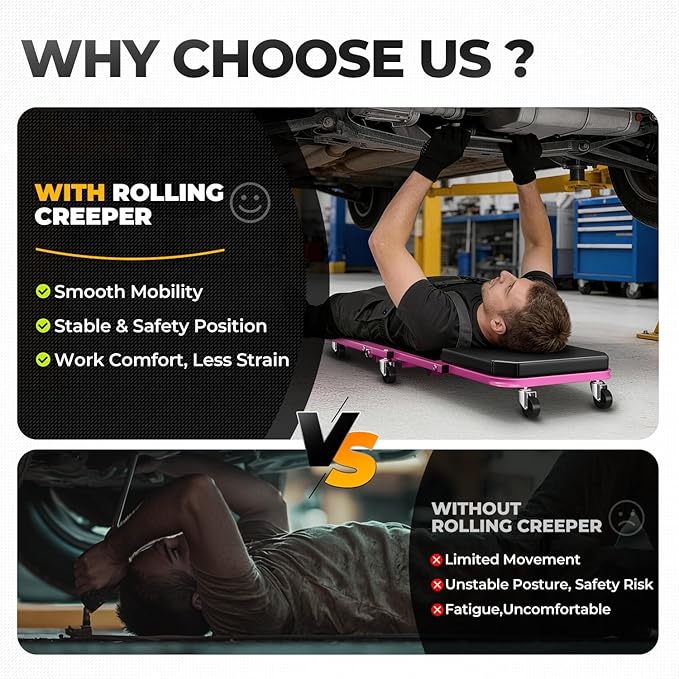 Auto Dynasty 36" Z-Creeper Seat, 2-in-1 Foldable Garage Creeper Shop Seat, 330 LBS Capacity Automotive Mechanic Repair Under Car Rolling Creeper Seat, Purple