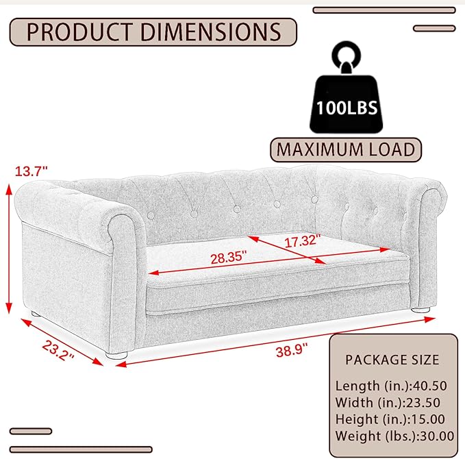 Elevated Rectangle Dog Sofa for Small & Medium Dogs - Comfortable Linen Fabric Dog Bed with Button Tufted Back, Durable Modern and Stylish Pet Bed for Living Room, Bedroom (Beige)