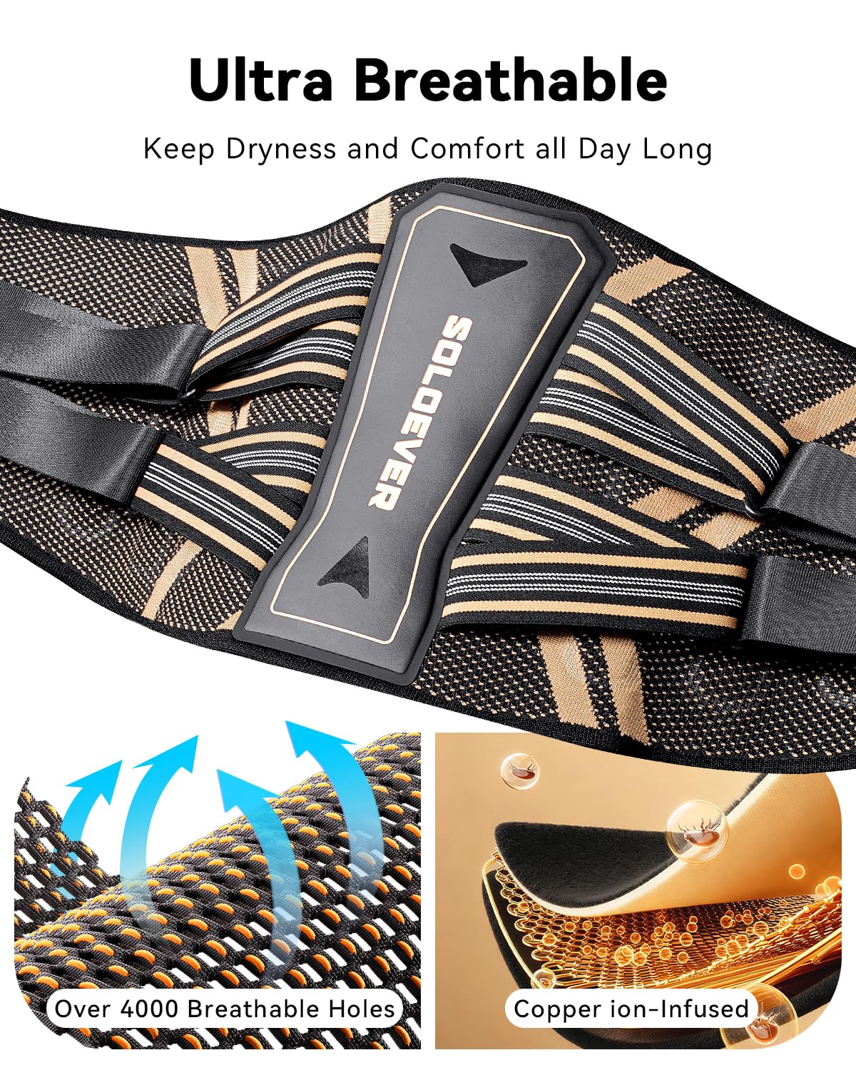 Ultra Breathable Back Brace - Medical Grade Copper Infused Lumbar Support for Pain Relief | Adjustable for Sciatica & Herniated Disc (Large)